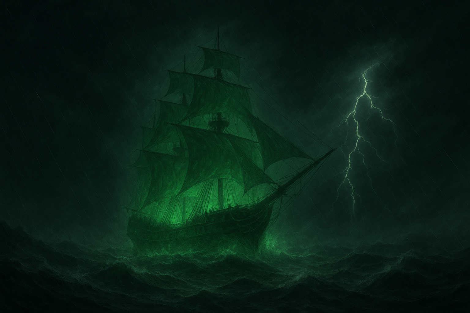 Eerie green ghost ship sailing through a storm with glowing green sails